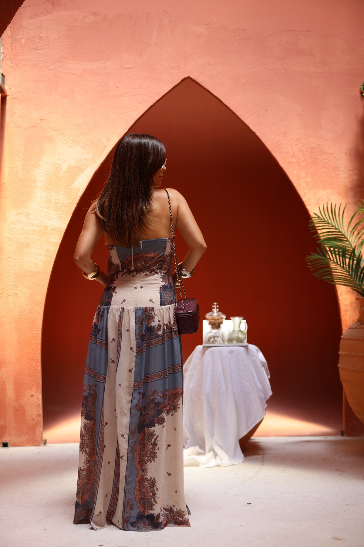 Pencere Detaylı Desenli Şifon Elbise