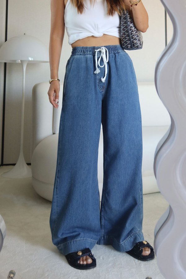 Beli Lastikli Ve Bağcıklı Geniş Paça Jean