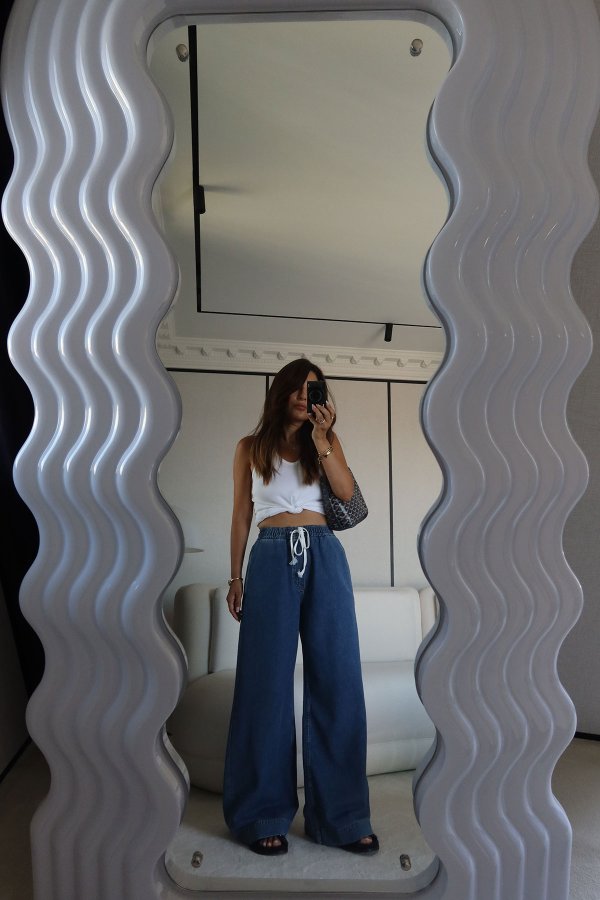 Beli Lastikli Ve Bağcıklı Geniş Paça Jean
