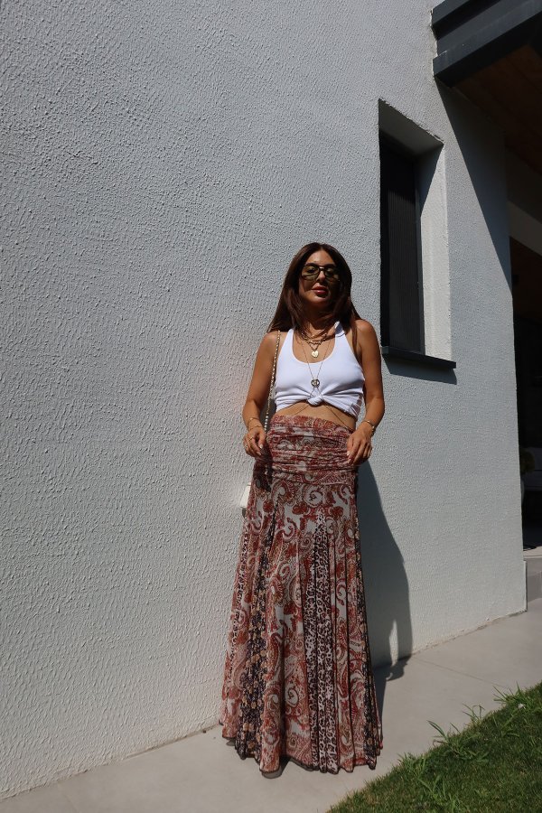 Bel Korse Detaylı Karışık Desenli Etek