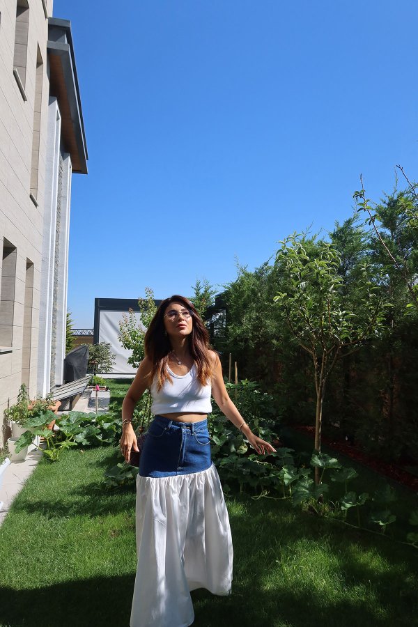 Üstü Denim Altı Poplin Etek