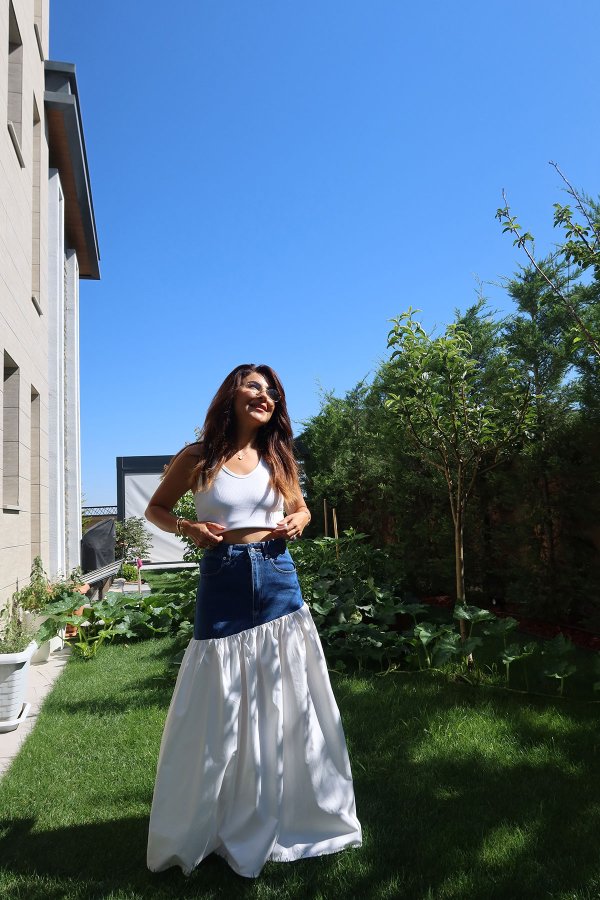 Üstü Denim Altı Poplin Etek