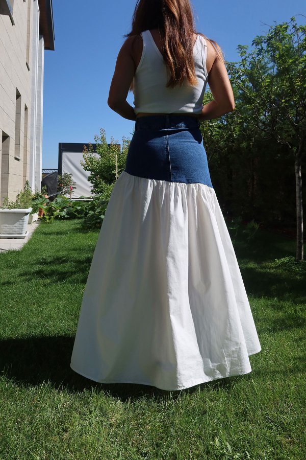 Üstü Denim Altı Poplin Etek