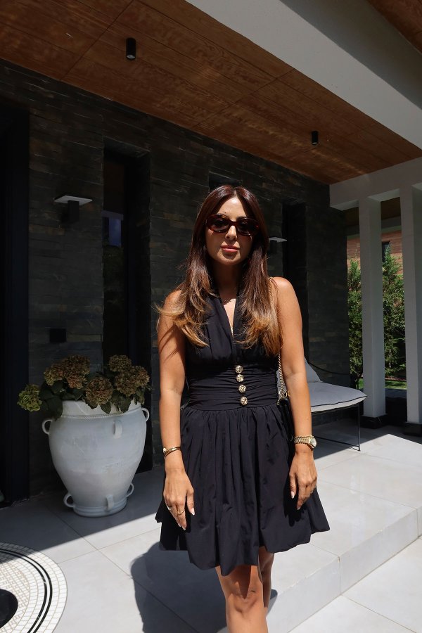 Gold Düğmeli Sırt Dekolteli Balon Elbise