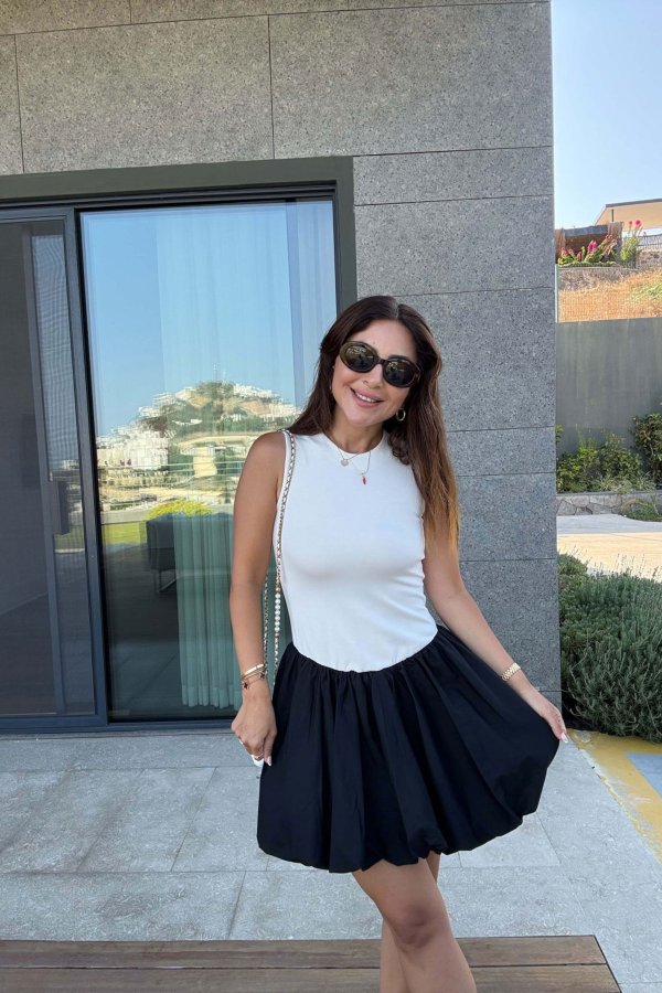 Üstü Penye Altı Poplin Balon Elbise
