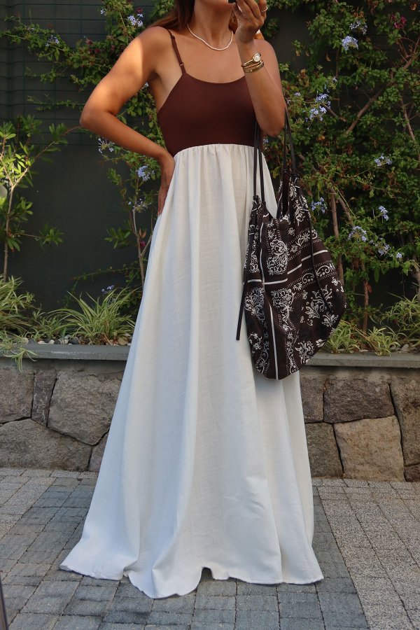 İp Askılı İki Renk Elbise