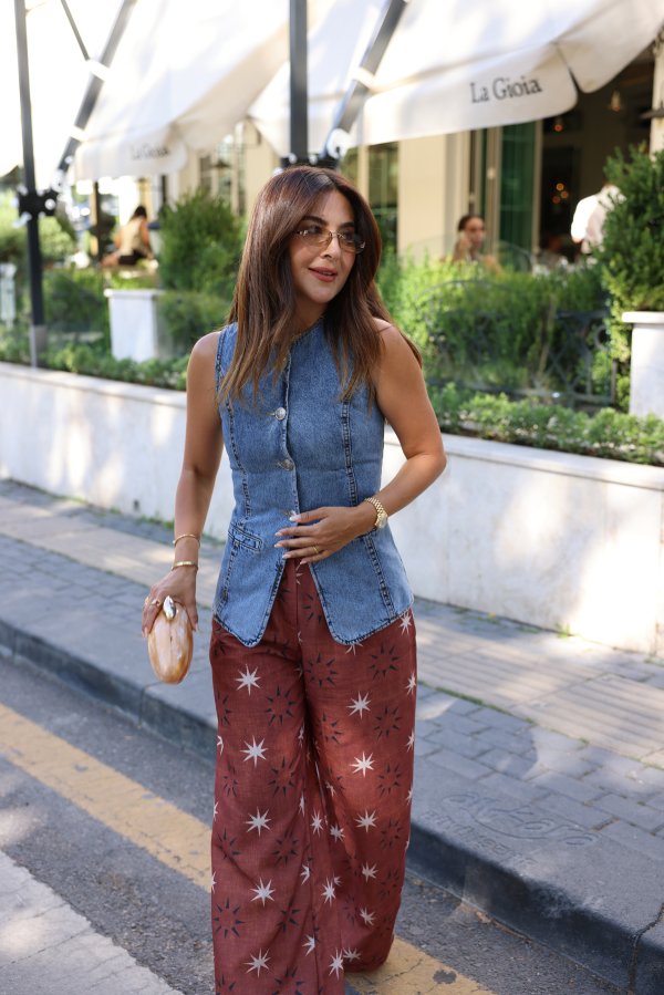 Metal Düğmeli Dikişli Denim Yelek