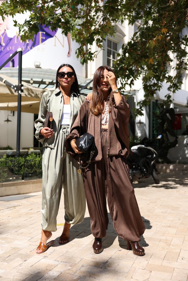 Kendinden Desenli Saten Şalvar Pantolon