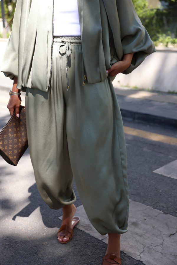 Kendinden Desenli Saten Şalvar Pantolon