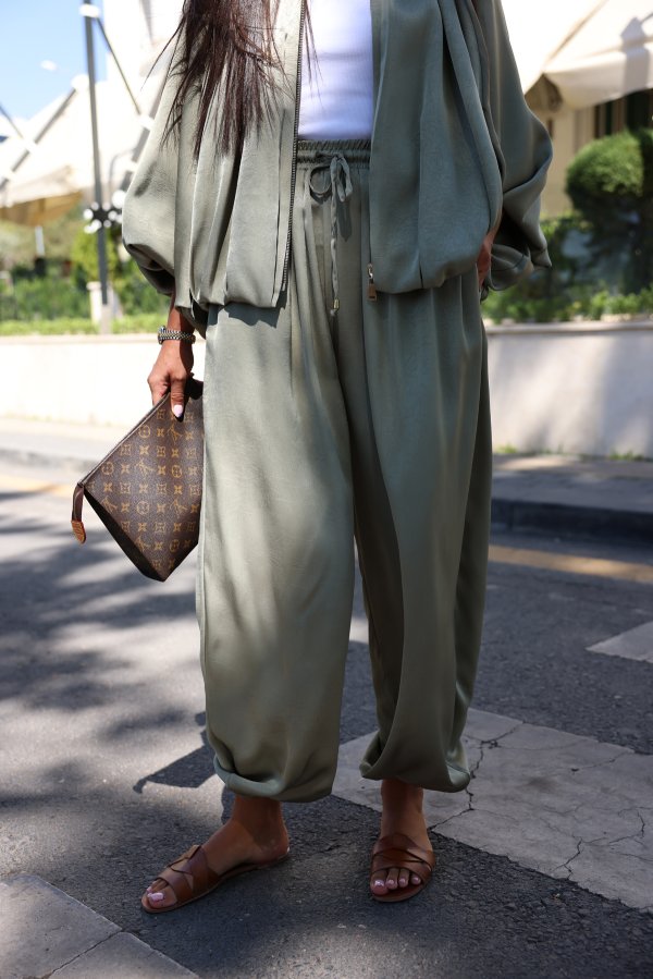 Kendinden Desenli Saten Şalvar Pantolon