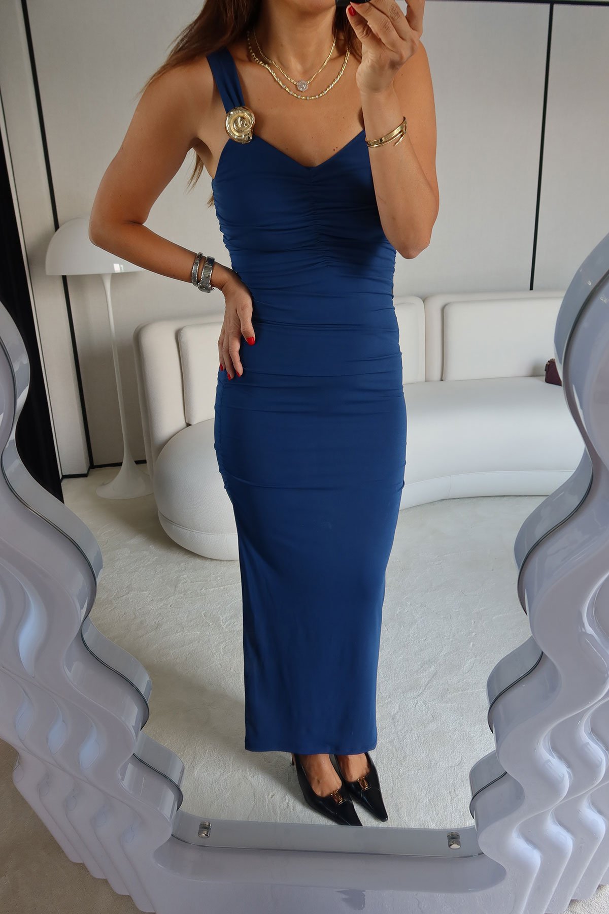 Gold Aksesuarlı Drapeli Elbise