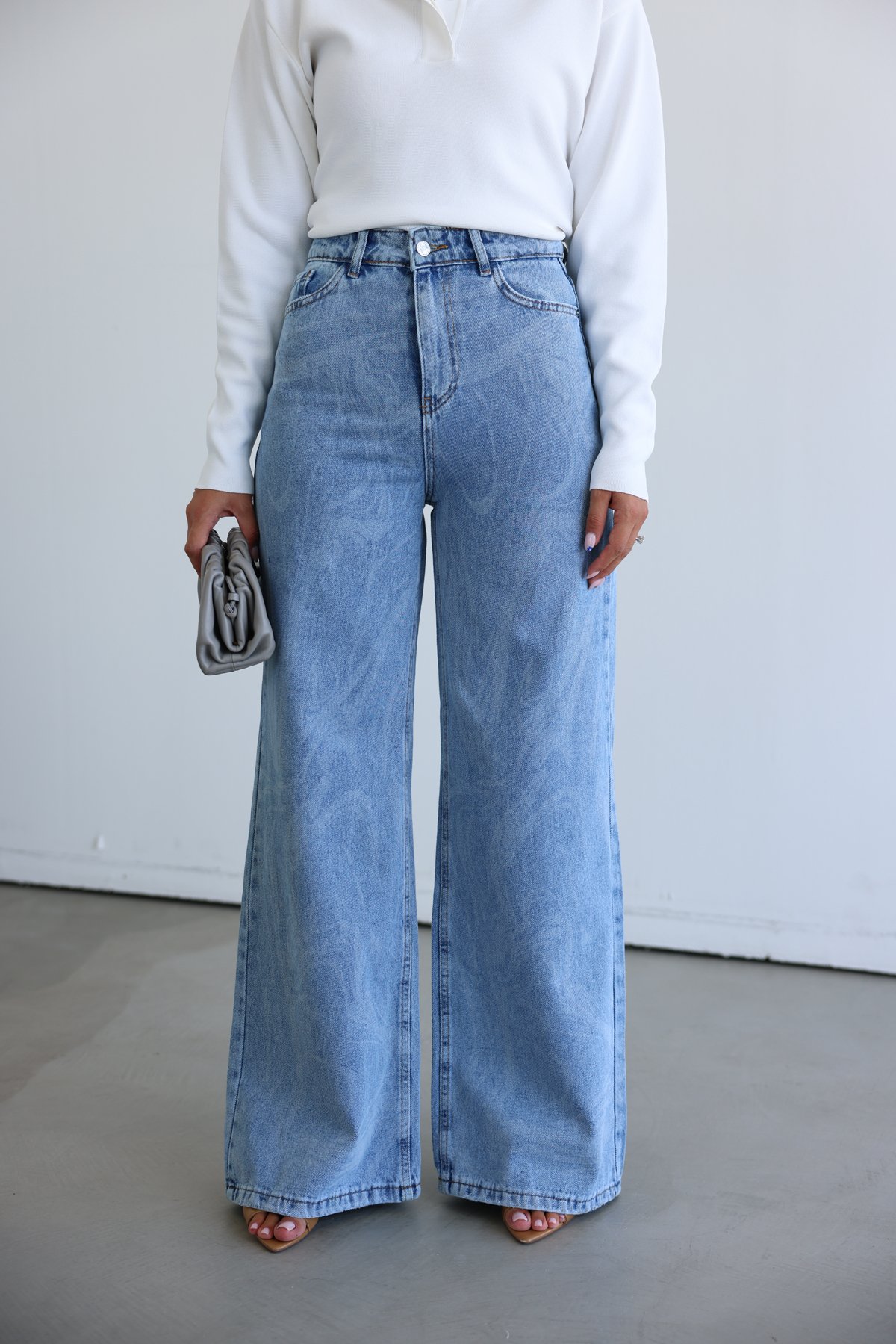 Kendinden Desenli Bol Paça Jean