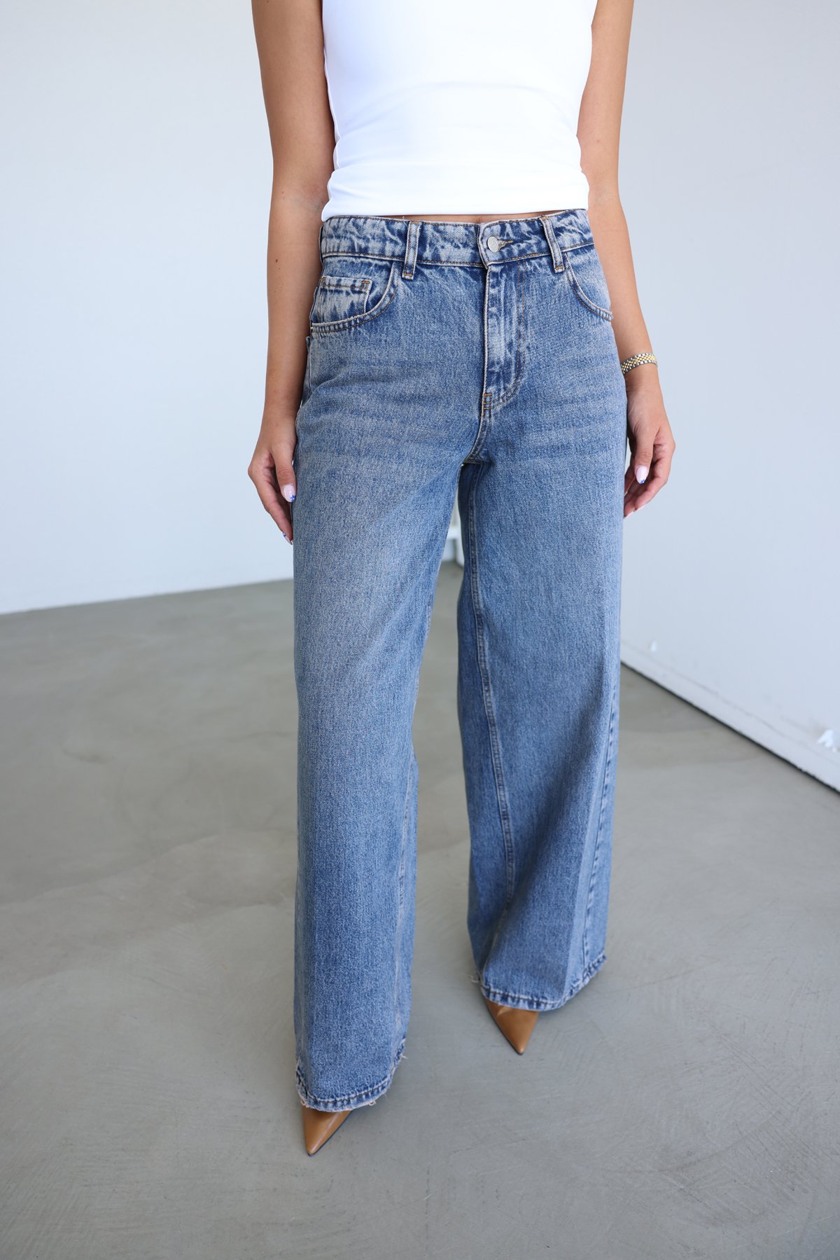 Taşlamalı Wideleg Jean