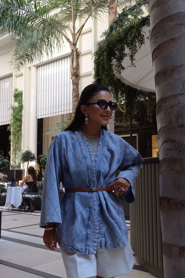 Kontrast Dikişli Kuşaklı Denim Ceket