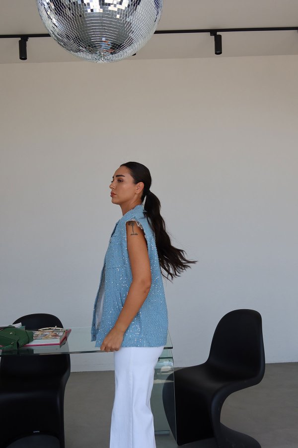 Pul İşlemeli Vatkalı Denim Yelek