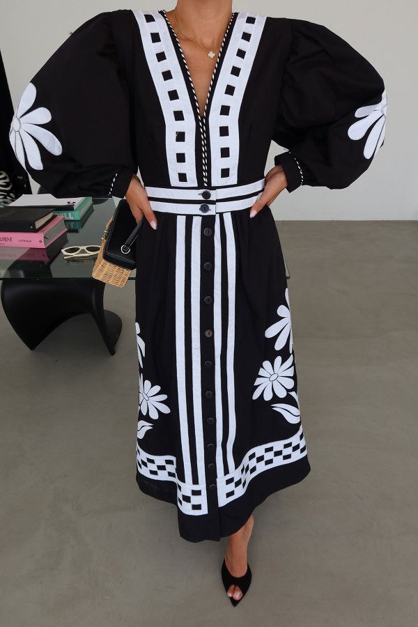 Çiçek İşlemeli Maxi Poplin Elbise
