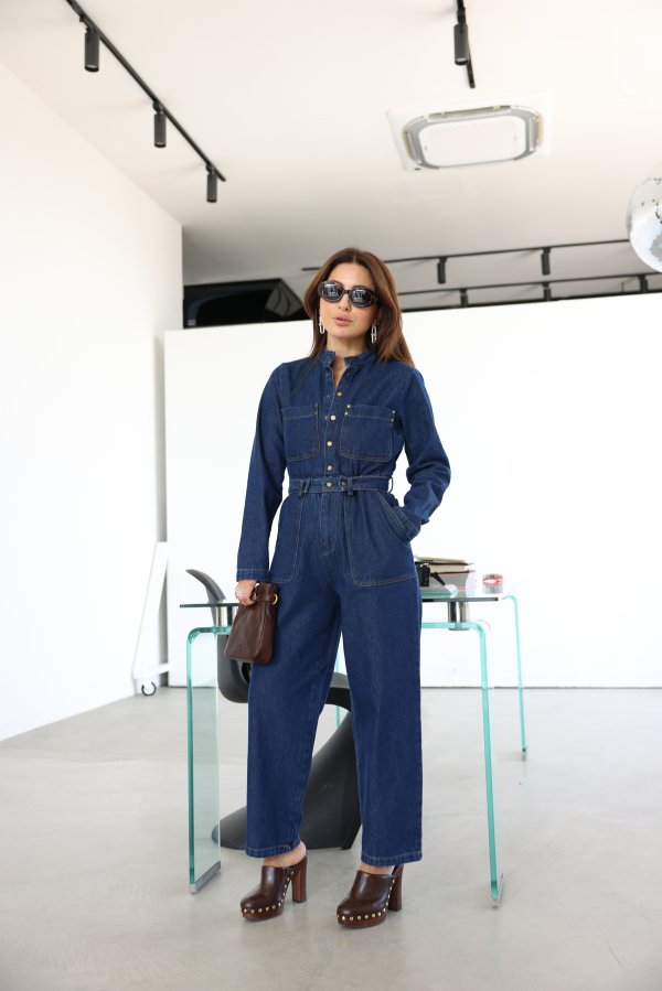Çift Cepli Kemer Detaylı Denim Tulum