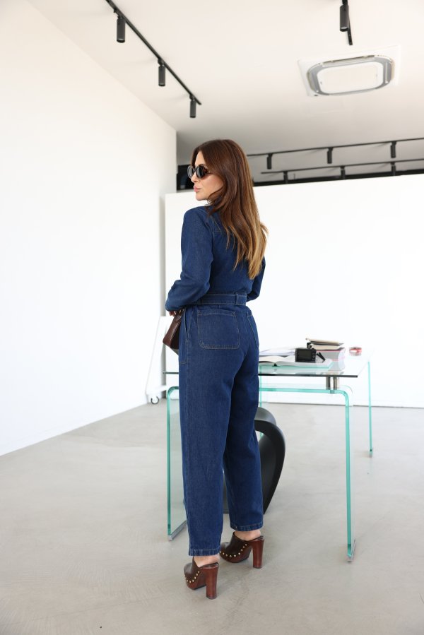 Çift Cepli Kemer Detaylı Denim Tulum