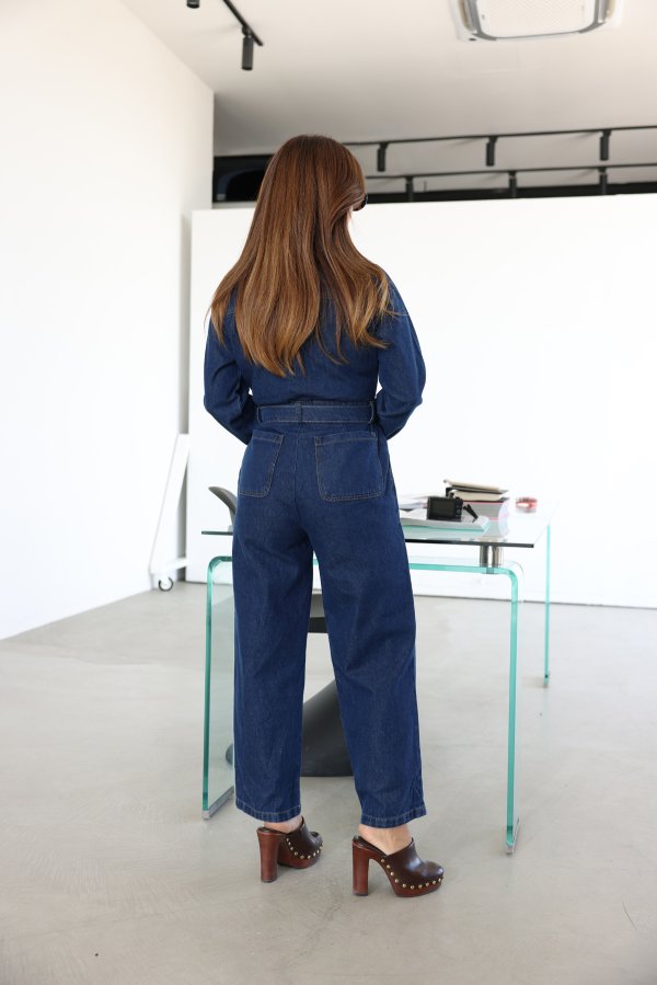 Çift Cepli Kemer Detaylı Denim Tulum