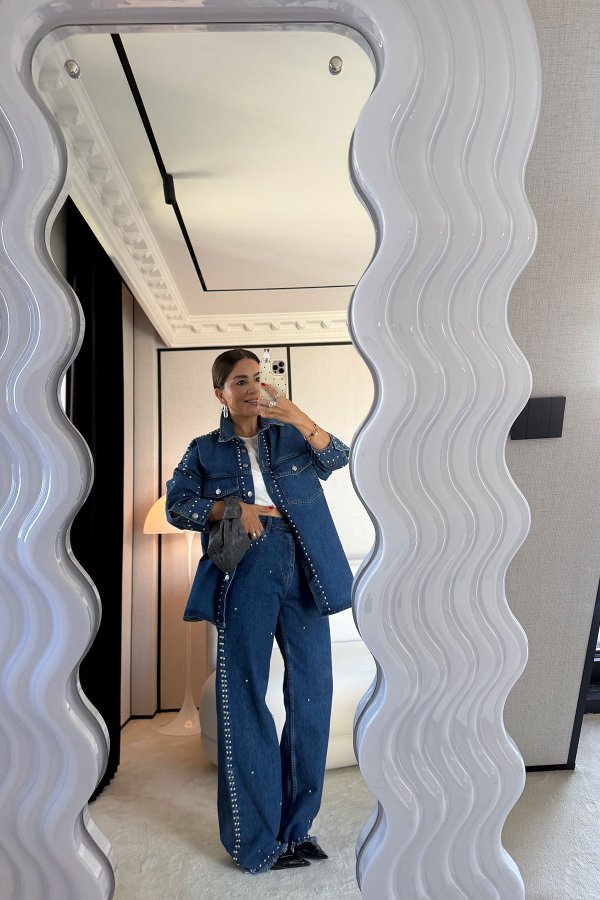 Zımba Baskılı Denim Gömlek Pantolon Takım