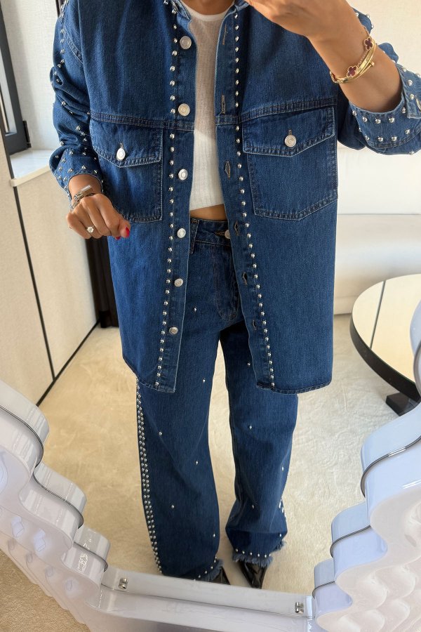 Zımba Baskılı Denim Gömlek Pantolon Takım