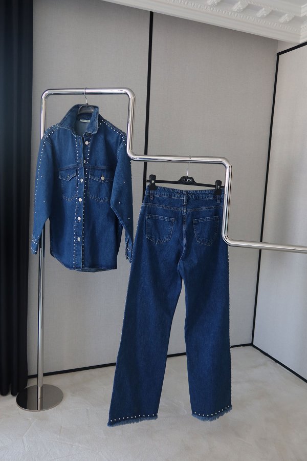 Zımba Baskılı Denim Gömlek Pantolon Takım