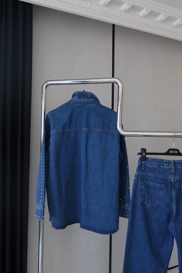 Zımba Baskılı Denim Gömlek Pantolon Takım