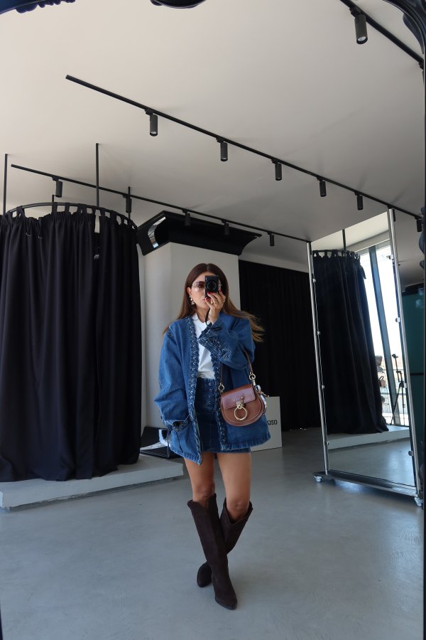 Kuş Gözlü Denim Ceket Etek Takım
