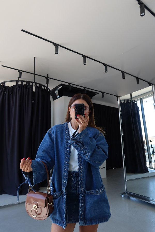 Kuş Gözlü Denim Ceket Etek Takım
