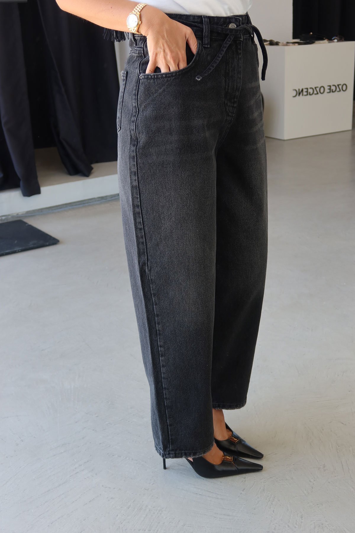 Yıkamalı Beli Bağcıklı Baggy Jean