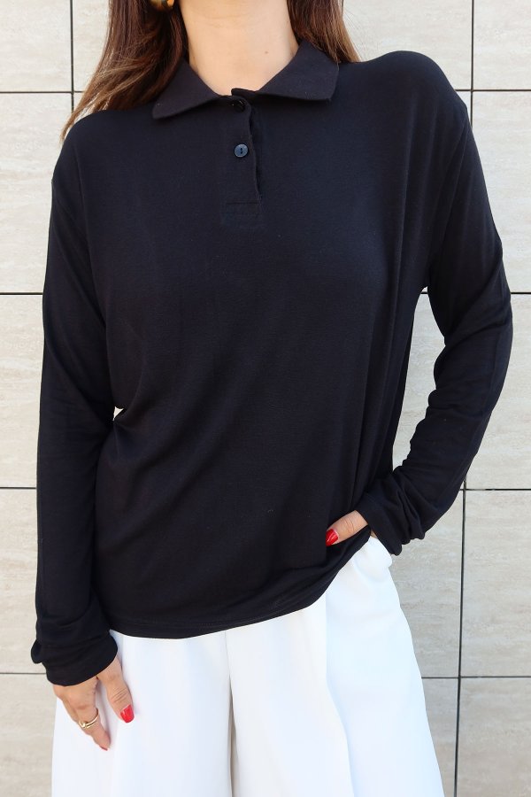 Polo Yaka Uzun Kollu Basic Bluz