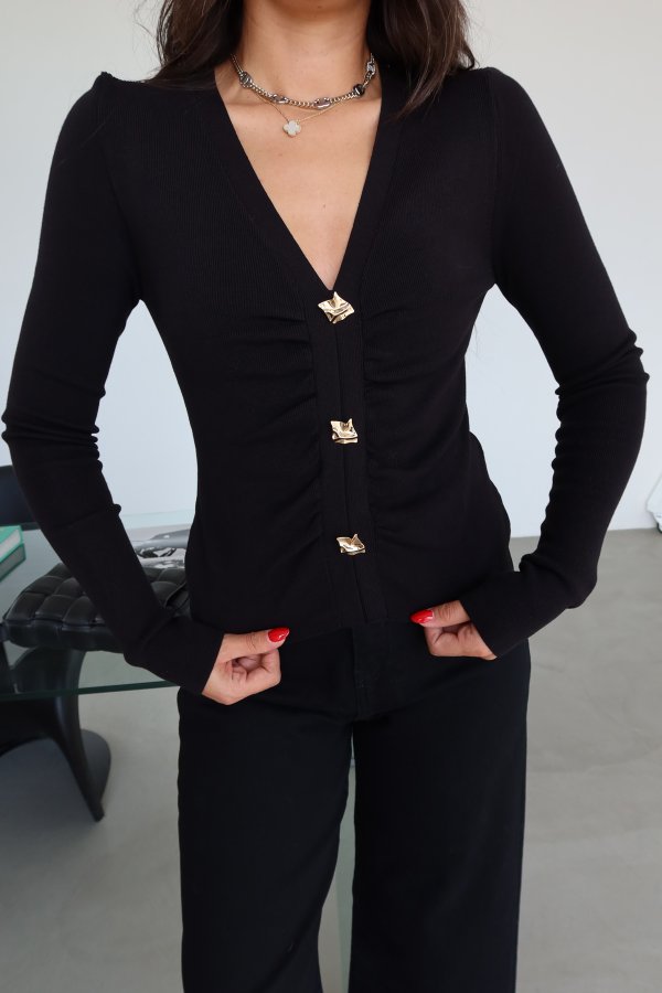 Aksesuar Düğmeli İnce Fitilli Triko Hırka