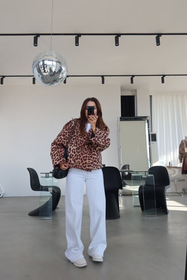 Leopar Desen Apoletli Kısa Ceket