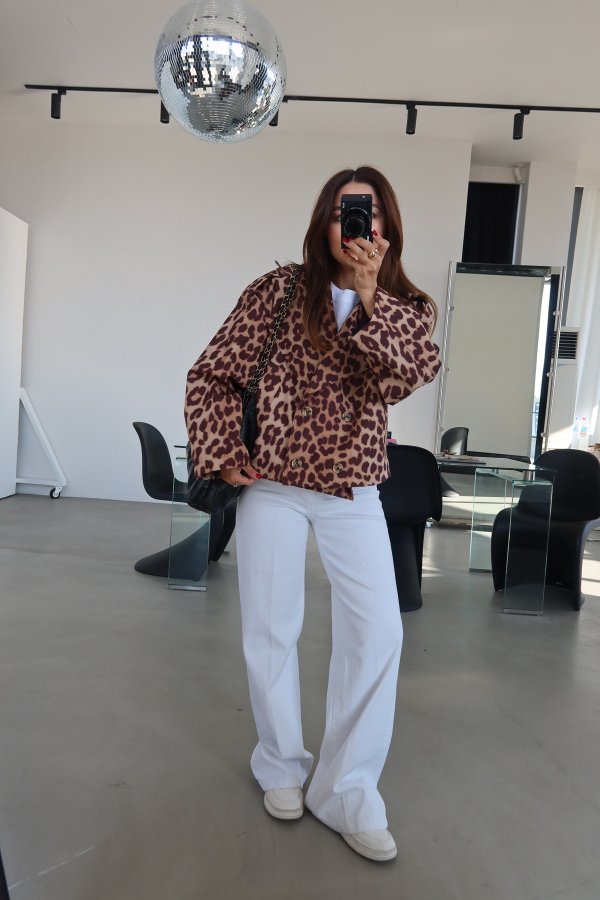 Leopar Desen Apoletli Kısa Ceket