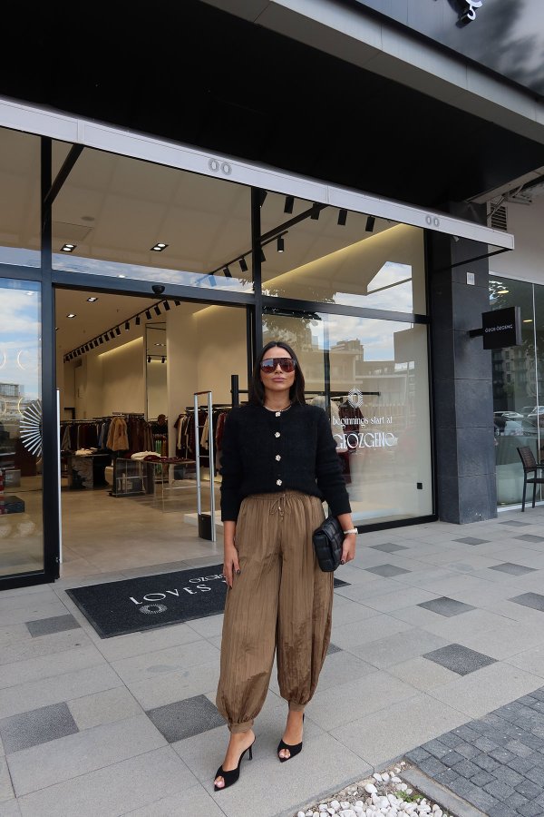 Beli Bağcıklı Kırışık Kumaş Şalvar Pantolon