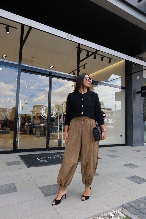 Beli Bağcıklı Kırışık Kumaş Şalvar Pantolon