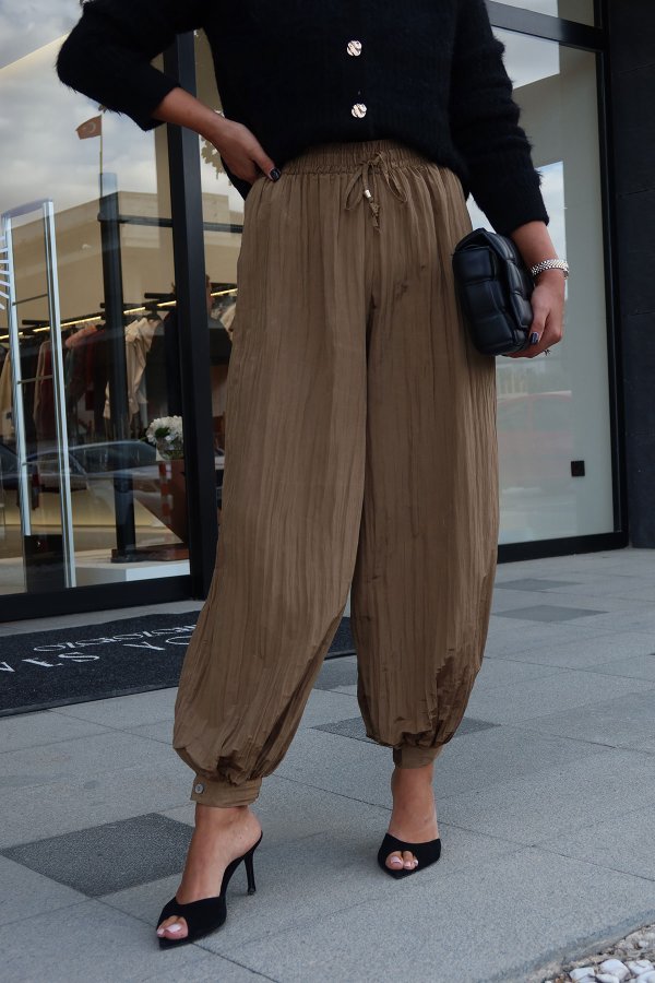 Beli Bağcıklı Kırışık Kumaş Şalvar Pantolon