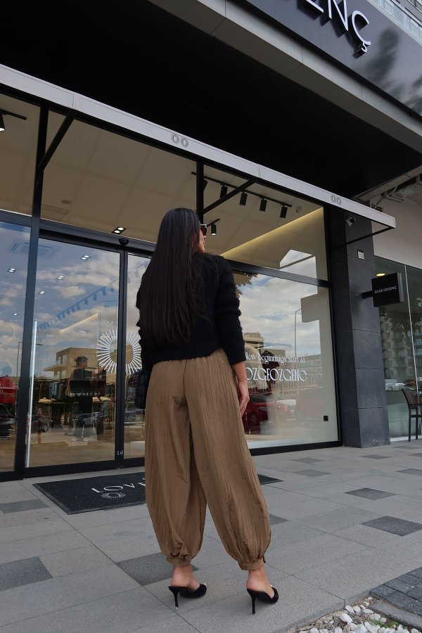 Beli Bağcıklı Kırışık Kumaş Şalvar Pantolon