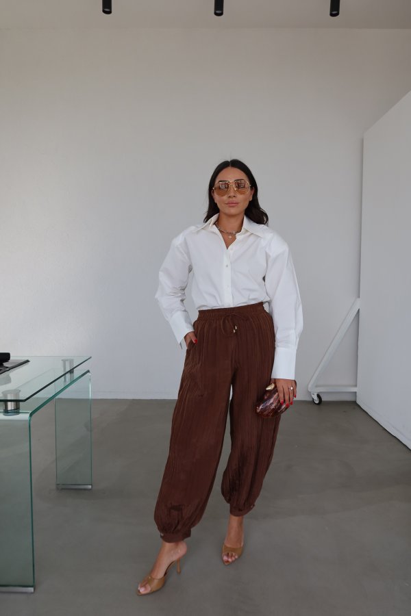 Beli Bağcıklı Kırışık Kumaş Şalvar Pantolon