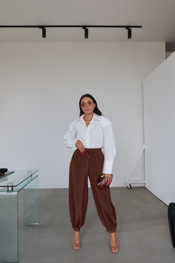 Beli Bağcıklı Kırışık Kumaş Şalvar Pantolon