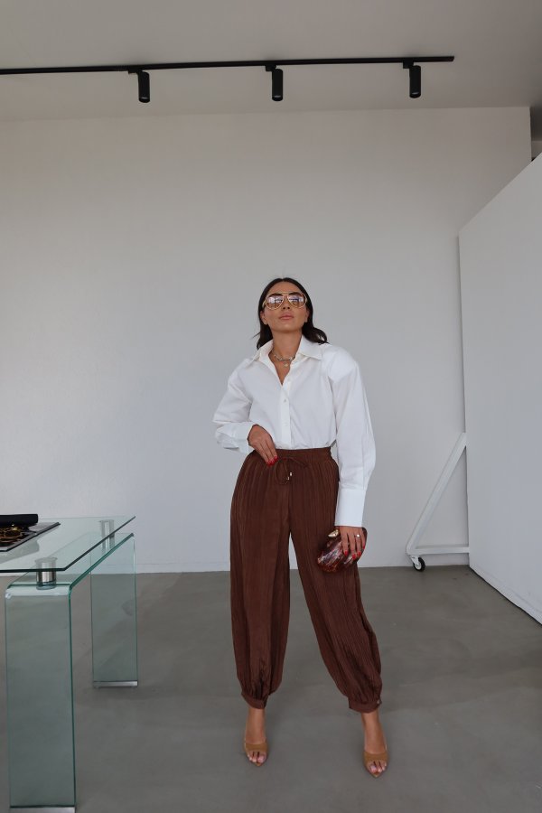 Beli Bağcıklı Kırışık Kumaş Şalvar Pantolon