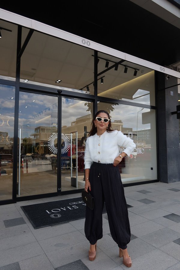 Beli Bağcıklı Kırışık Kumaş Şalvar Pantolon