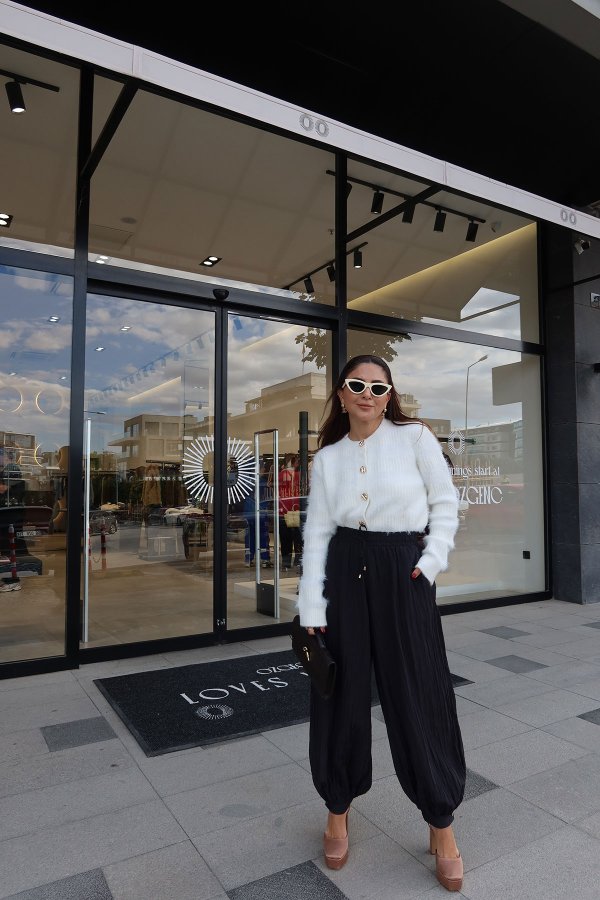 Beli Bağcıklı Kırışık Kumaş Şalvar Pantolon