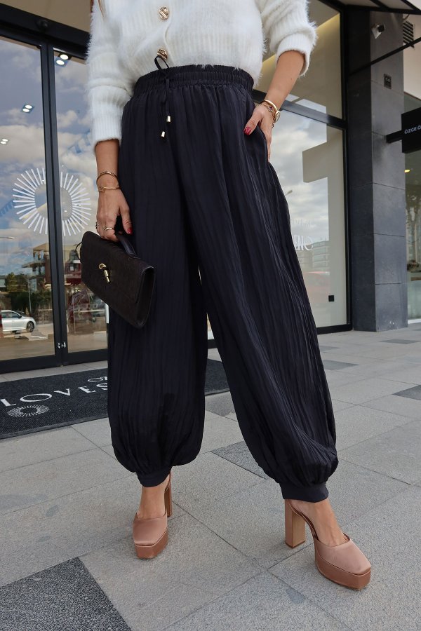 Beli Bağcıklı Kırışık Kumaş Şalvar Pantolon