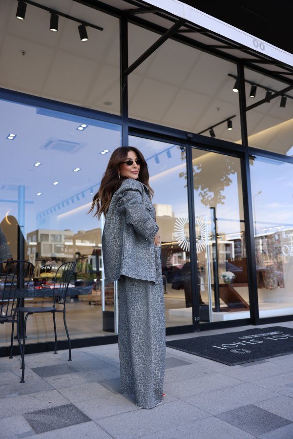 Leopar Desen Taş Baskılı Jean