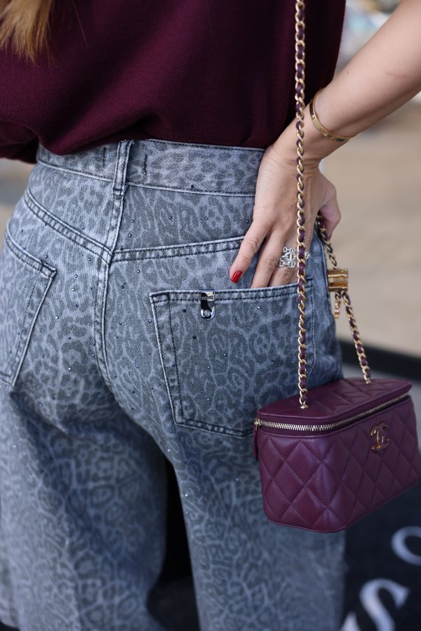 Leopar Desen Taş Baskılı Jean