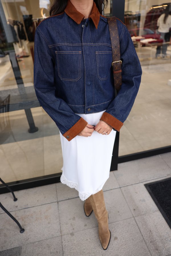 Yakası ve Omuzu Süet Parçalı Denim Ceket
