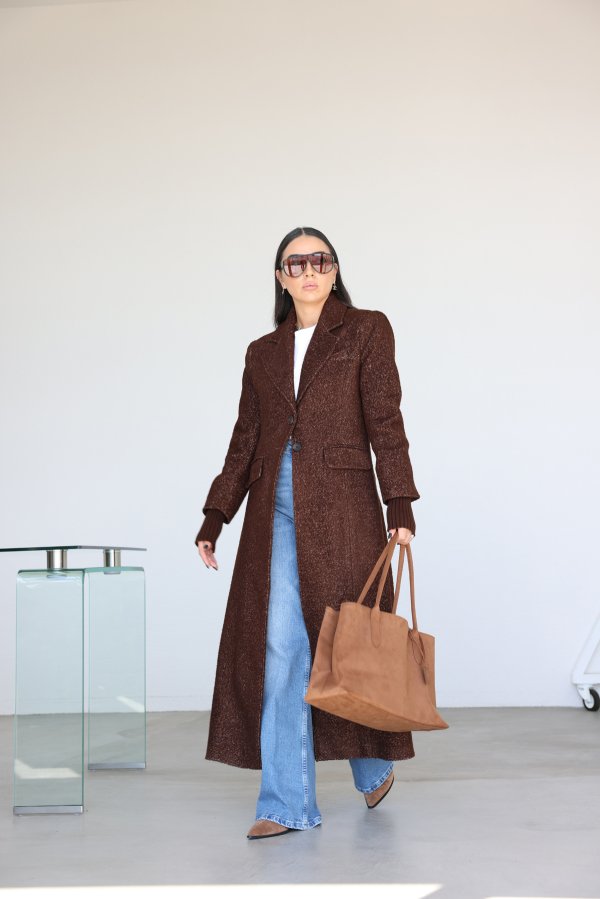 Kolları Triko Detaylı Uzun Kaban