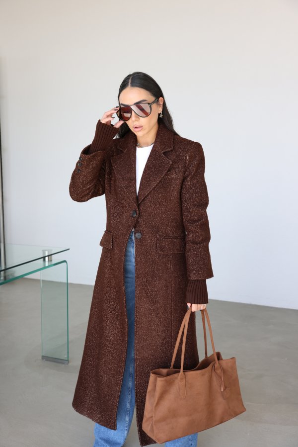 Kolları Triko Detaylı Uzun Kaban