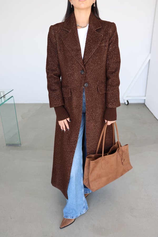 Kolları Triko Detaylı Uzun Kaban